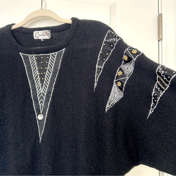 VTG 80’s Women's L Beaded Sweater Acrylic Blend Black Long Sleeve Geometric - Picture 1 of 7